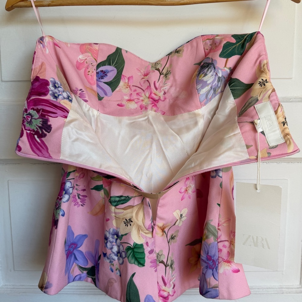 Zara Floral Sweetheart Corset Top Belted Bardot Pink NWT XS - Picture 7 of 10